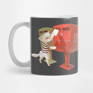 Cat trying to put a postcard in mailbox Mug